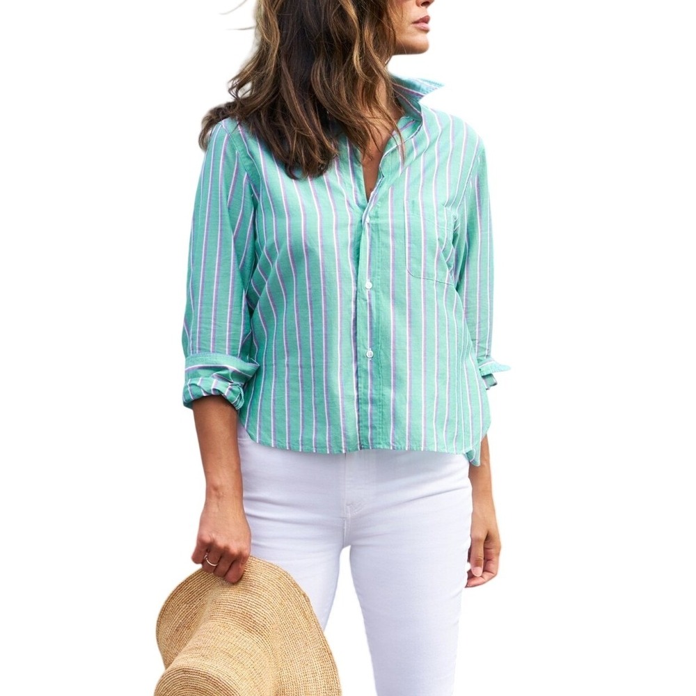 Frank & Eileen SILVIO Green Stripe Italian Cotton Button Up Shirt Size L Casual